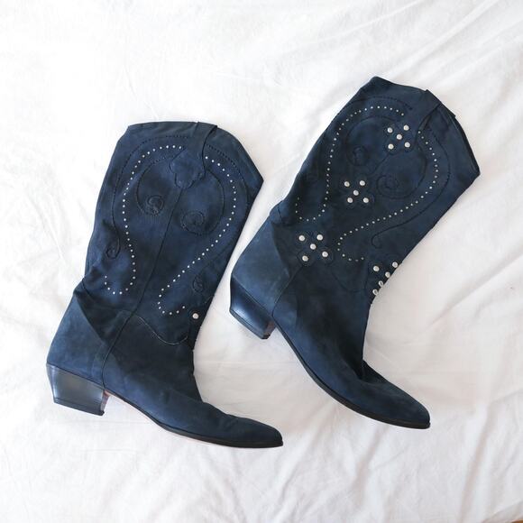 vintage cowboy boot Italian made navy suede leather studded embroidered - Picture 2 of 10